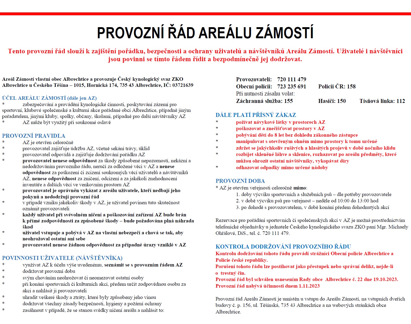 Provozní řád areálu Zámosti