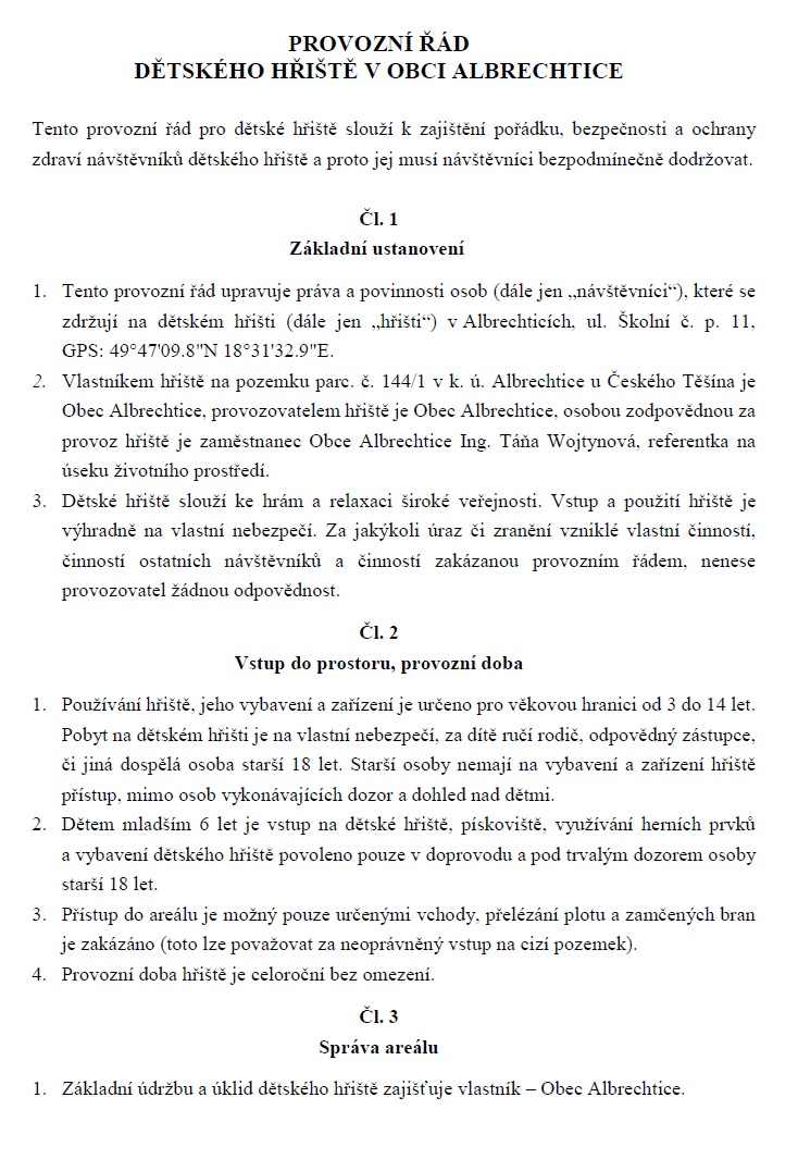 Provozní řád Albrechtík