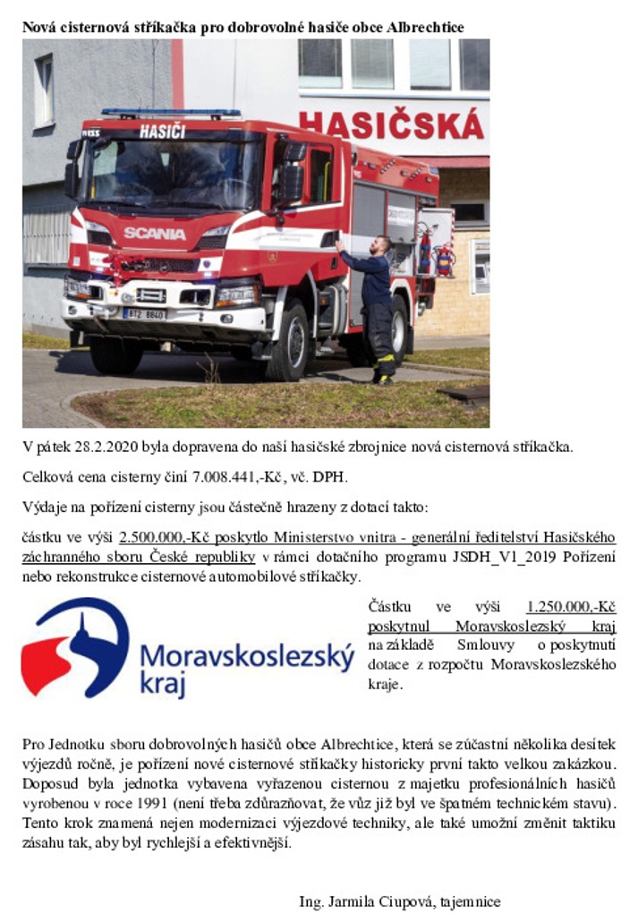 Nová cisternová stříkačka pro dobrovolné hasiče