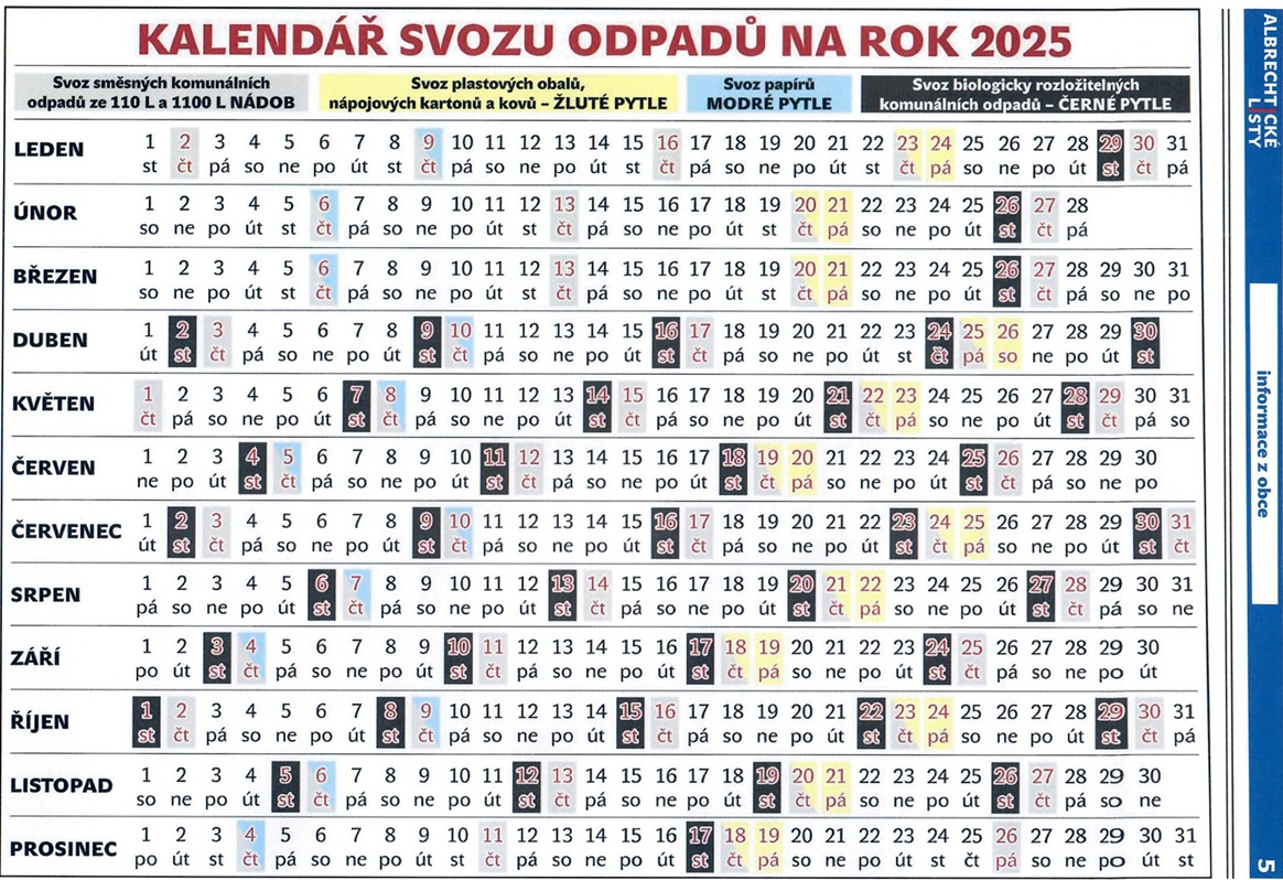 Kalendář svozu odpadů na rok 2025