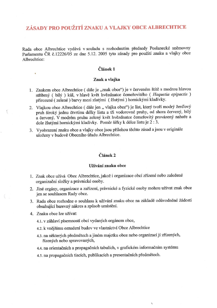 Zásady pro použití znaku a vlajky obce Albrechtice