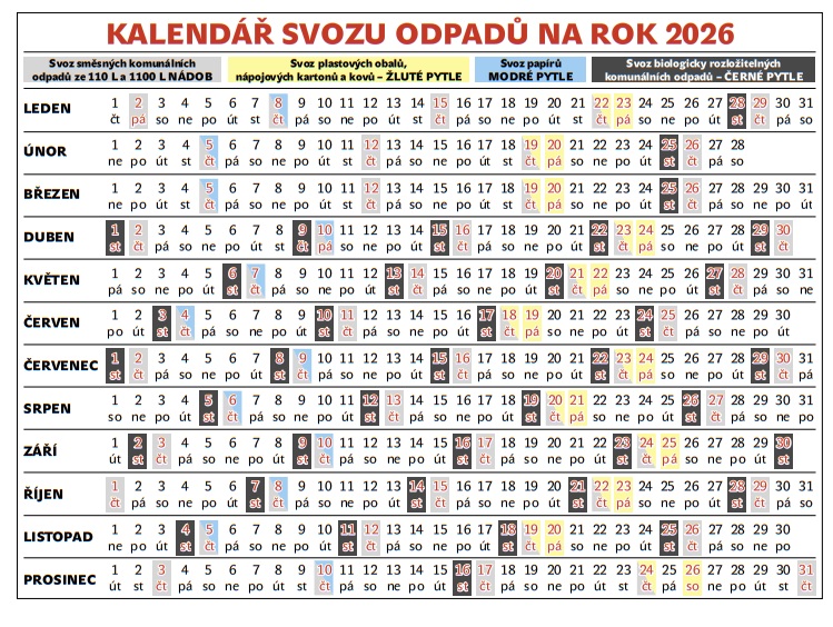 Kalendář svozu odpadů na rok 2026