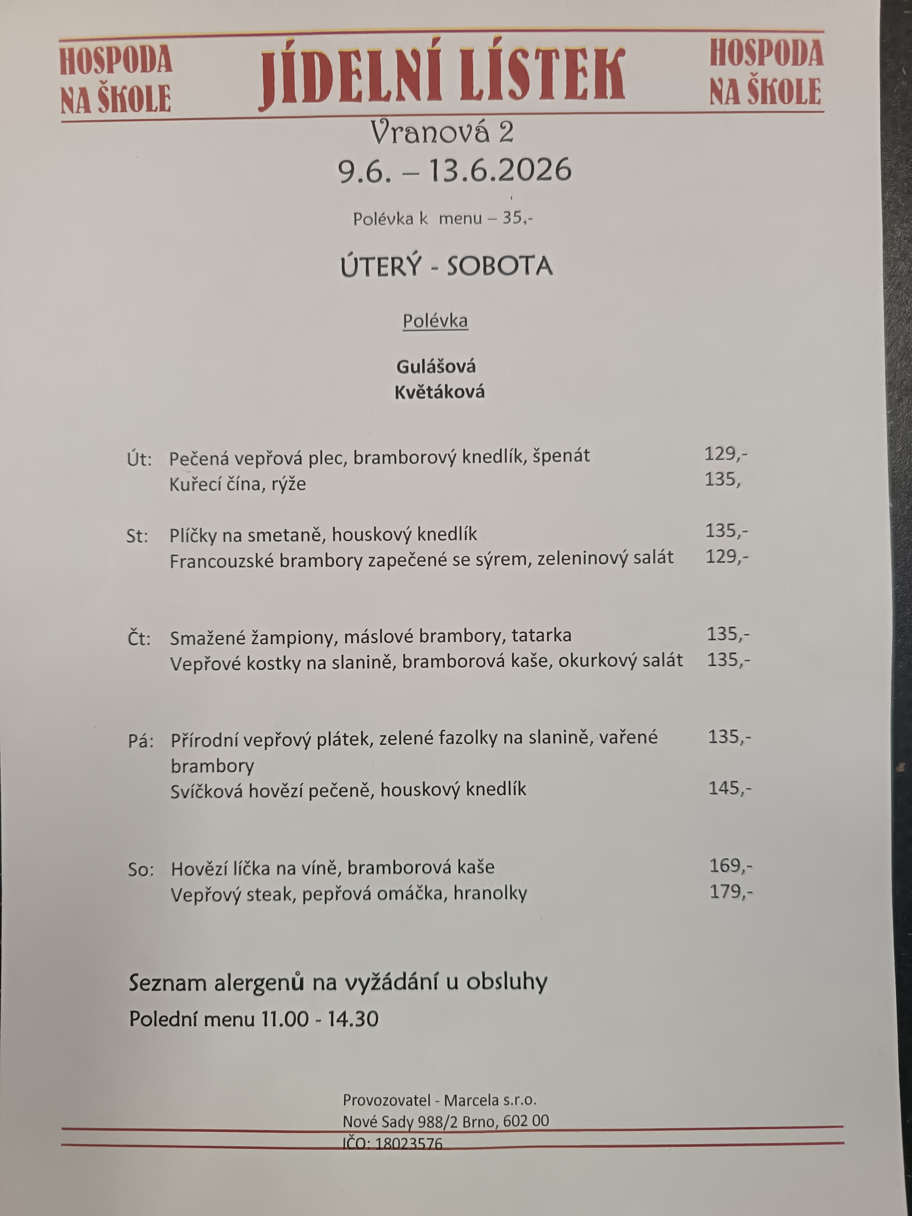 Náhledový obrázek článku: Jídelníček 9.6. - 13.6.