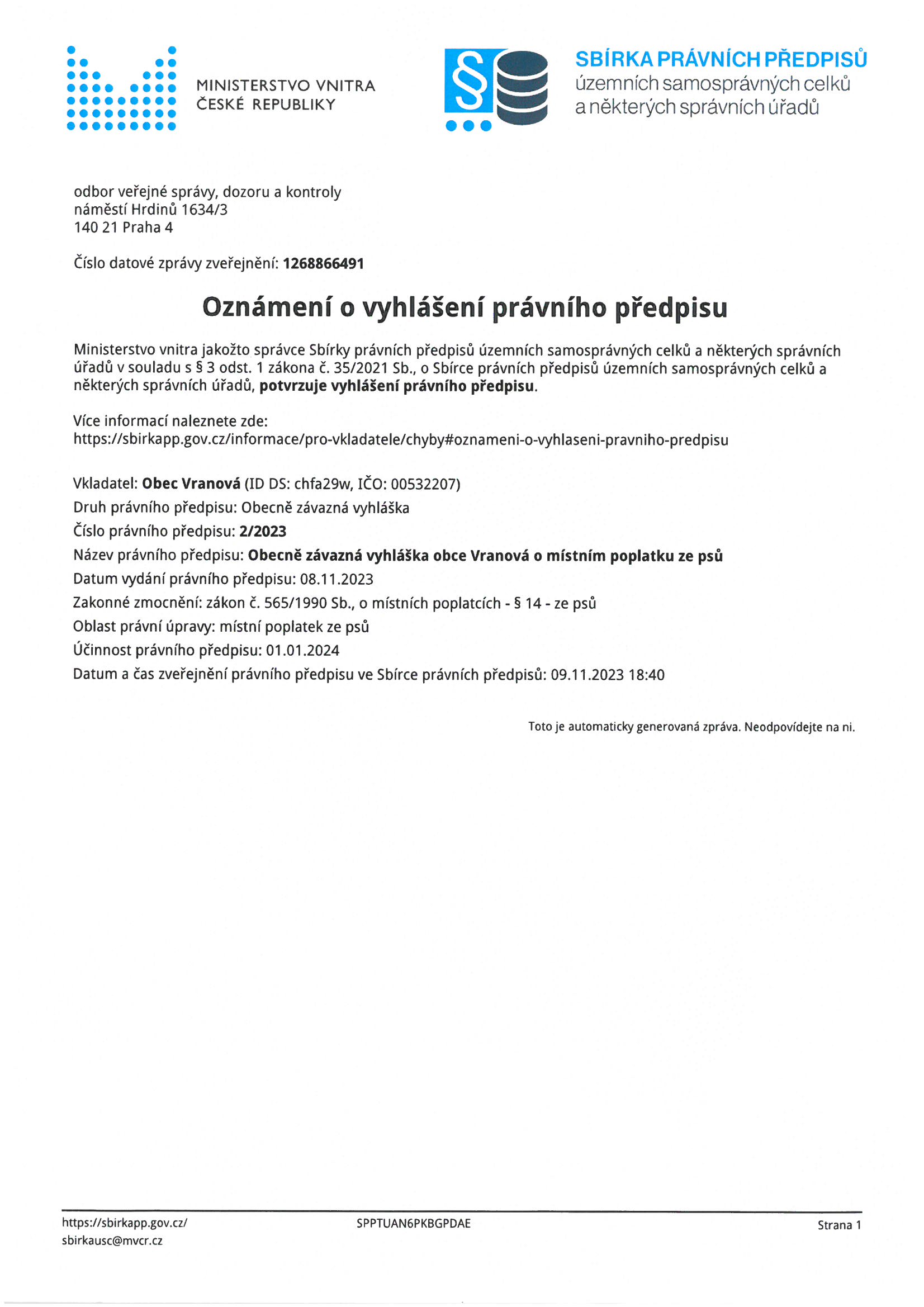 Oznámení o vyhlášení právního předpisu č.22023