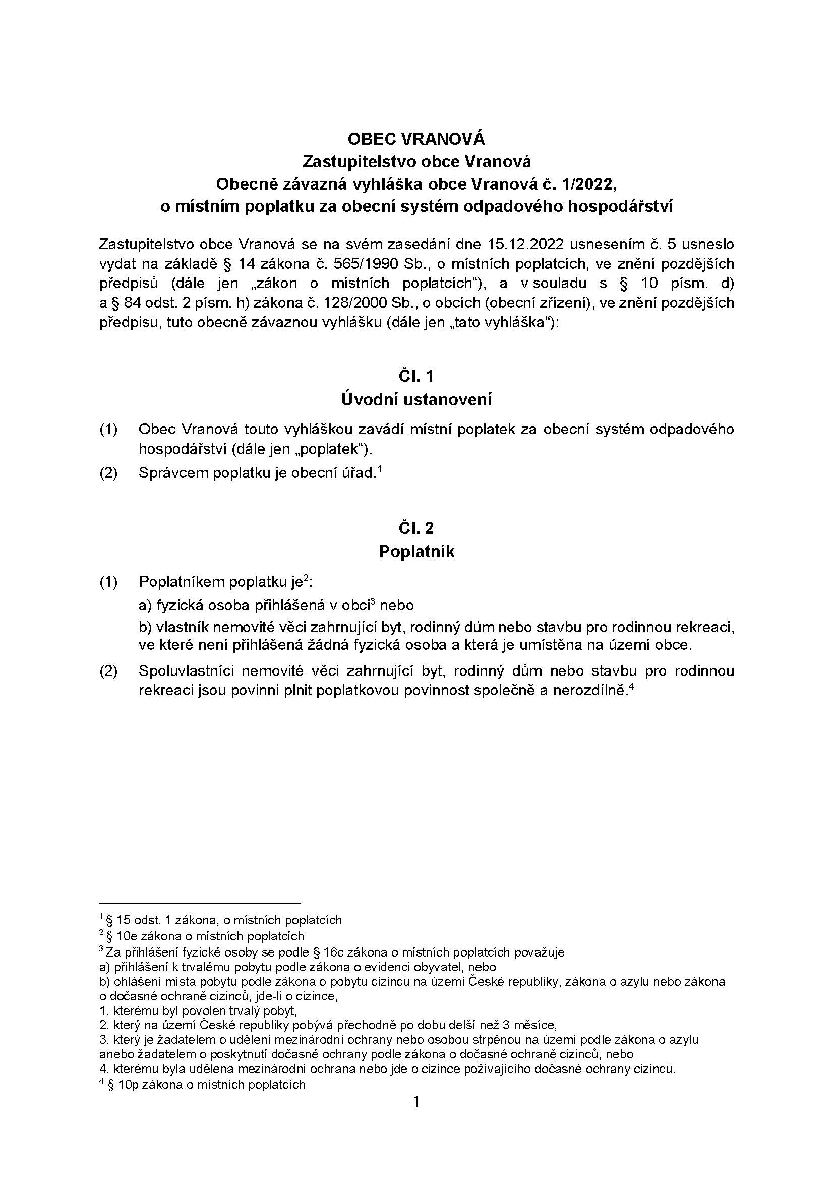 Obecně závazná vyhláška obce Vranová č. 1/2022, o místním poplatku za obecní systém odpadového hospodářství