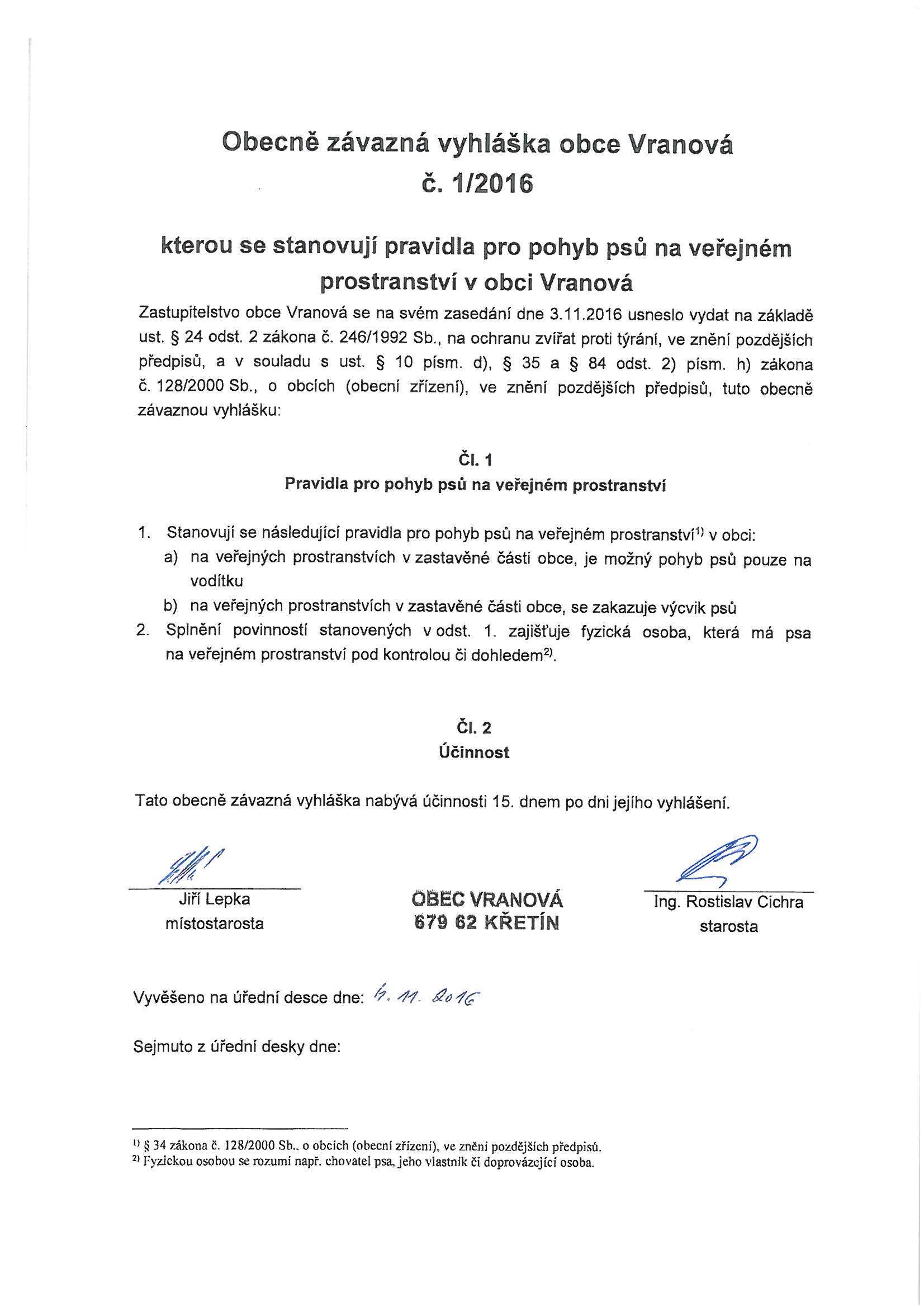 Obecně závazná vyhláška 1/2016