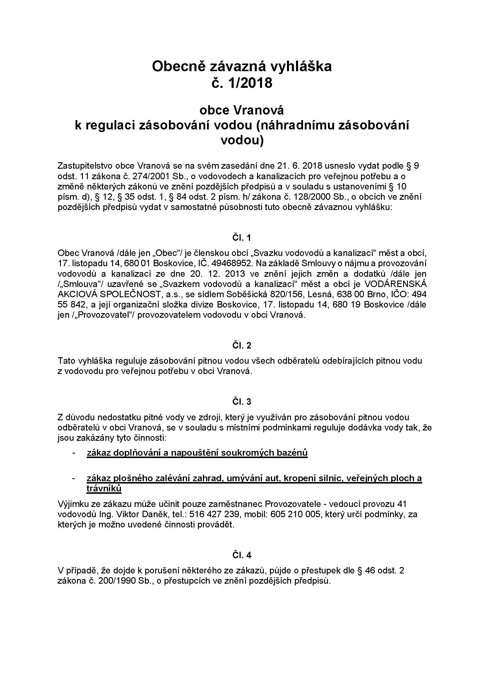 Obecně závazná vyhláška 1/2018