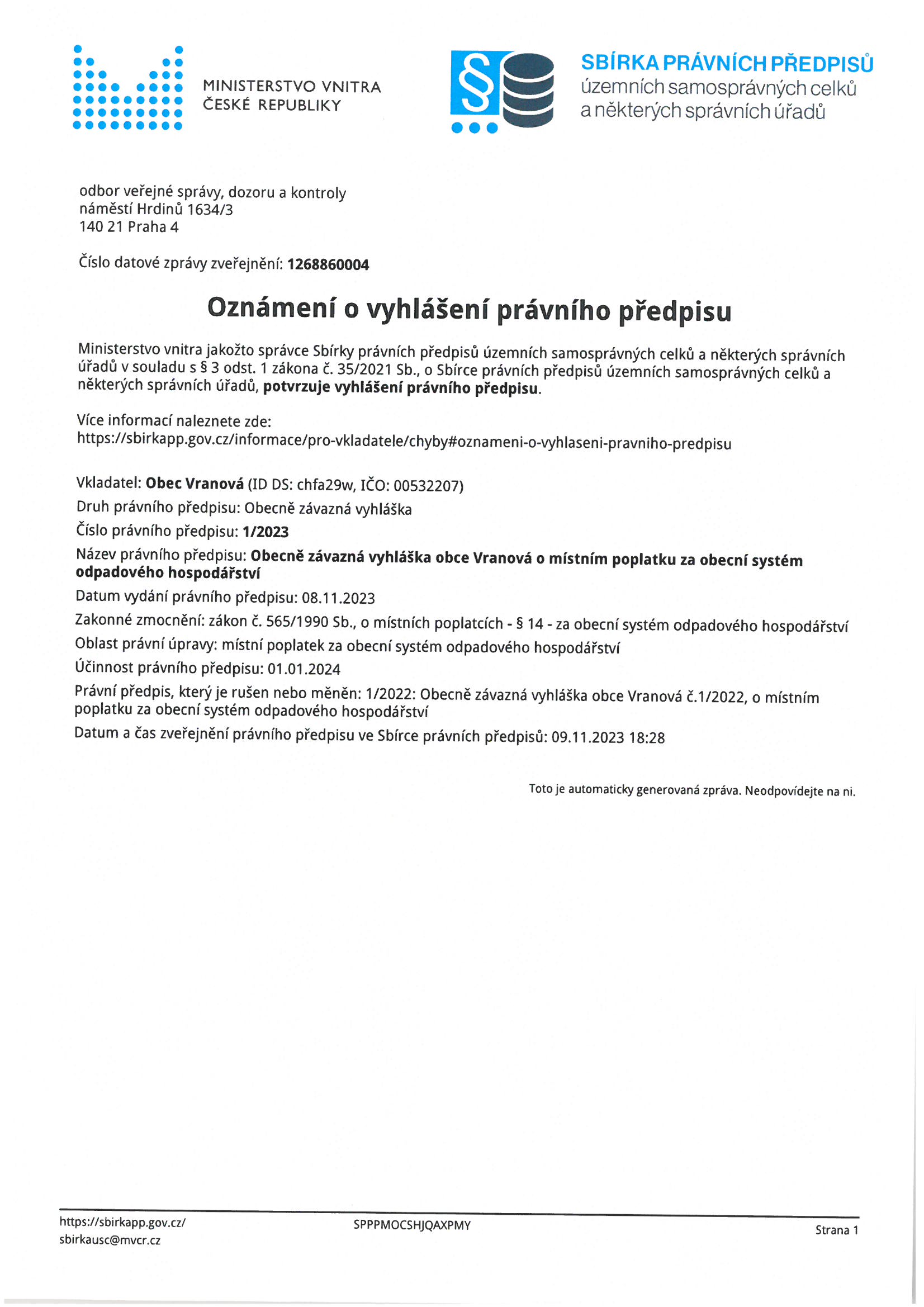 Oznámení o vyhlášení právního předpisu č.12023