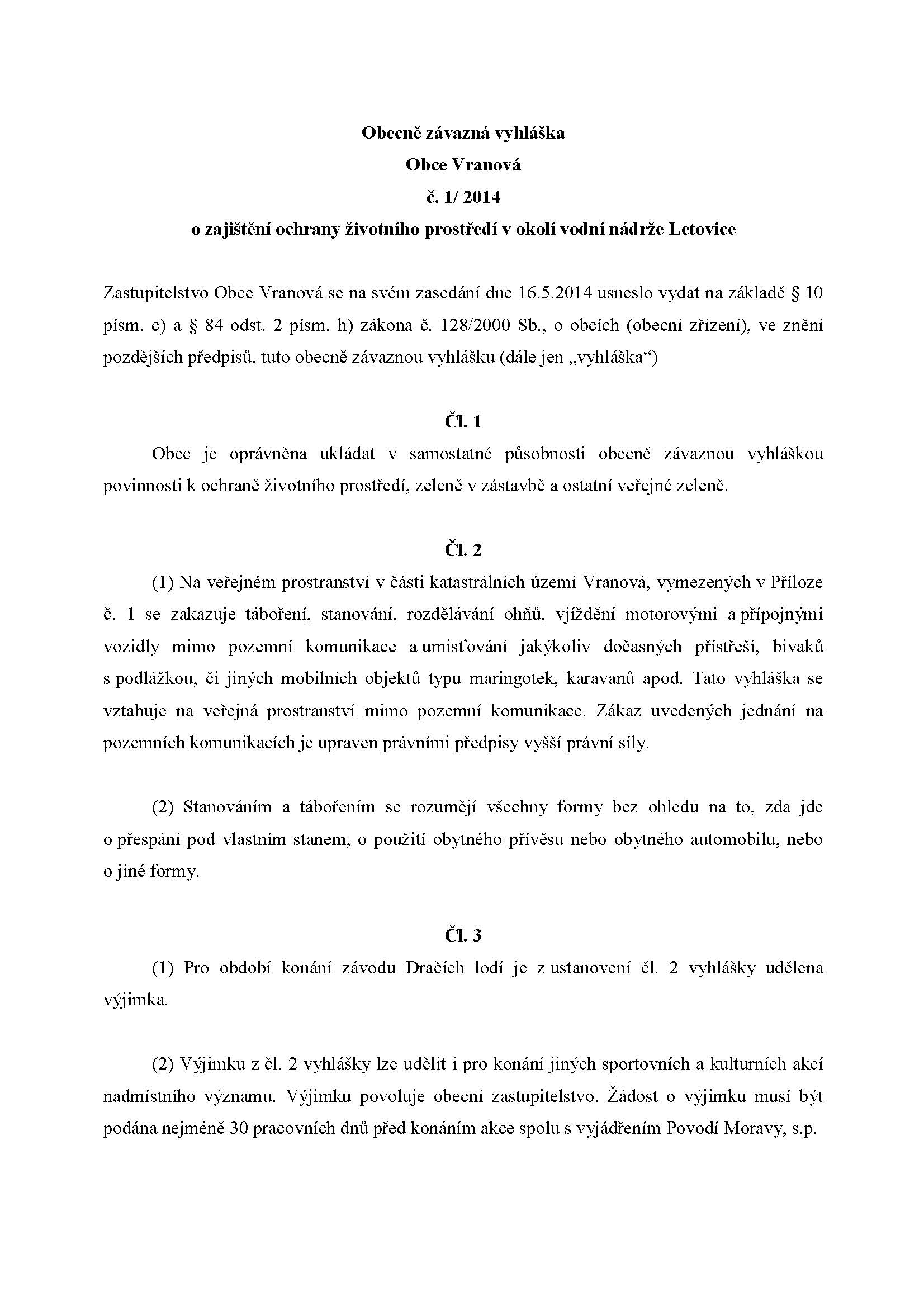 Vyhláška obce o zajištění ochrany životního prostředí v okolí vodní nádrže Letovice