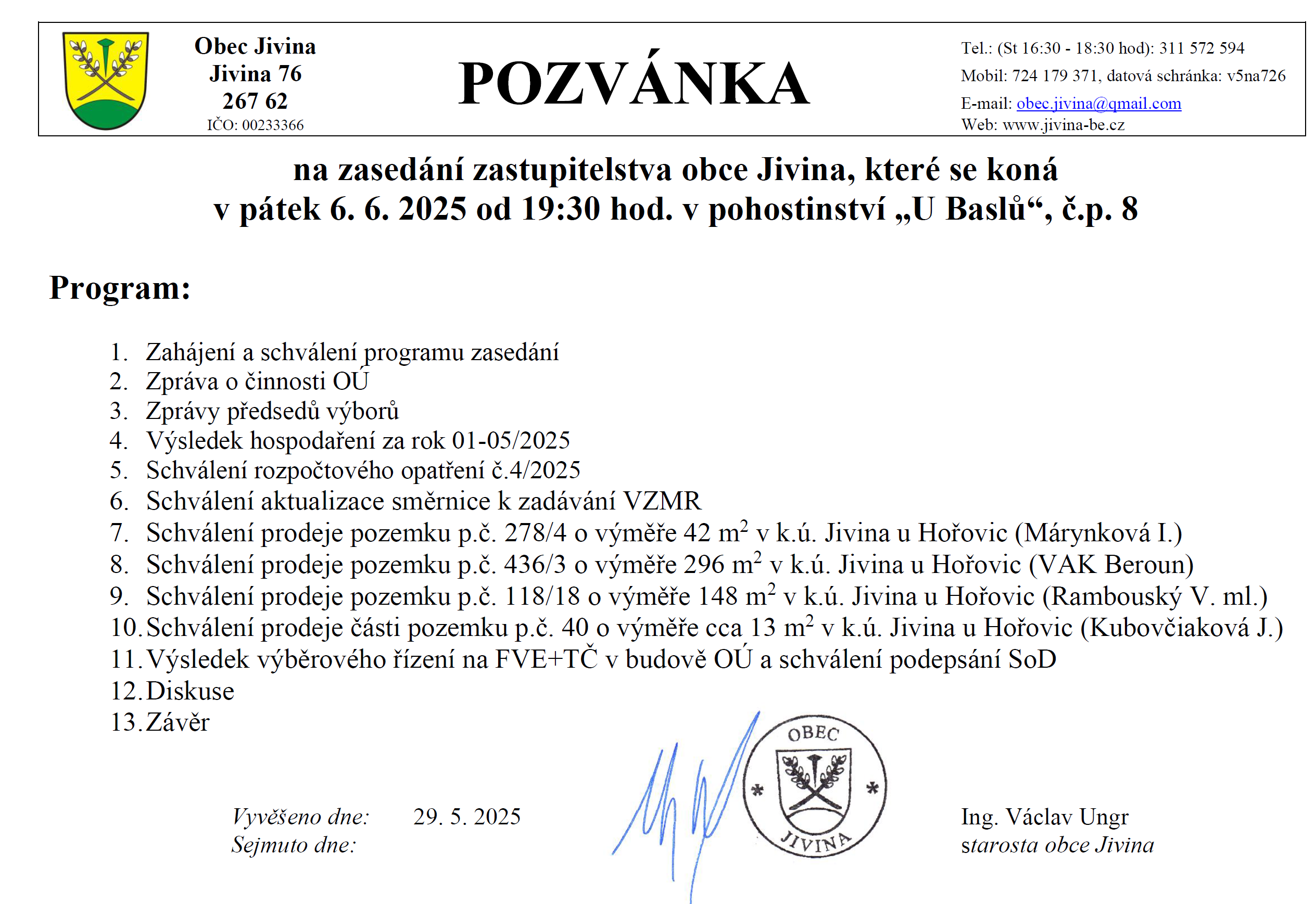 Náhledový obrázek článku: Pozvánka na zasedání zastupitelstva obce Jivina
