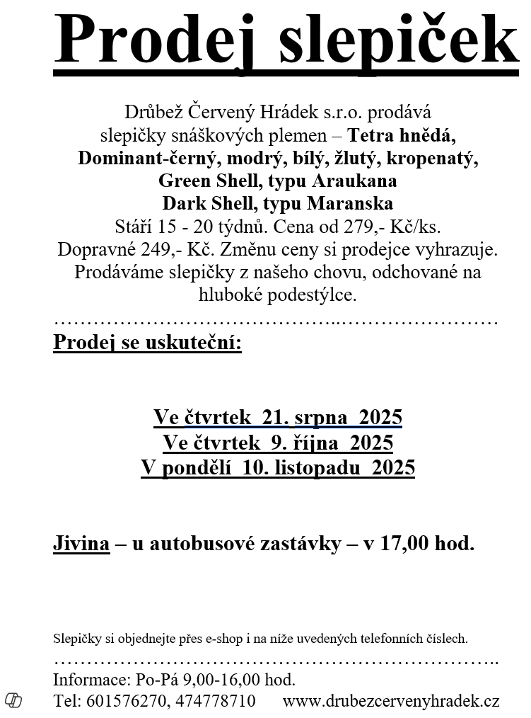 Náhledový obrázek článku: Prodej slepiček