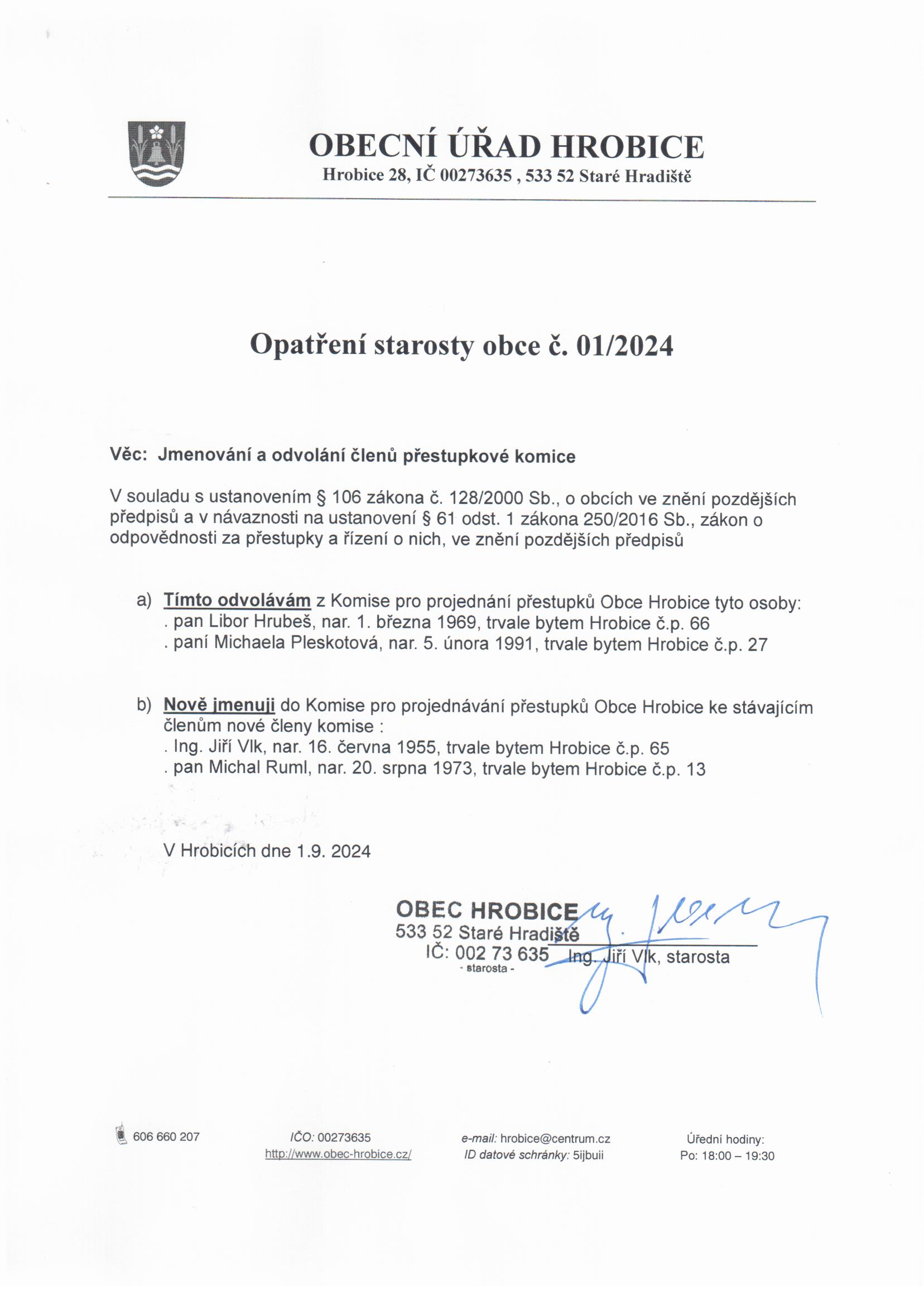 2. 10. 2024 Opatření starosty 1 / 2024 - přestupková komise