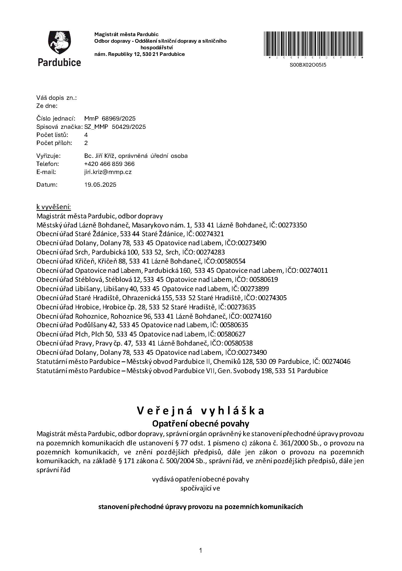 19. 5. 2025 Veřejná vyhláška – Opatření obecné povahy