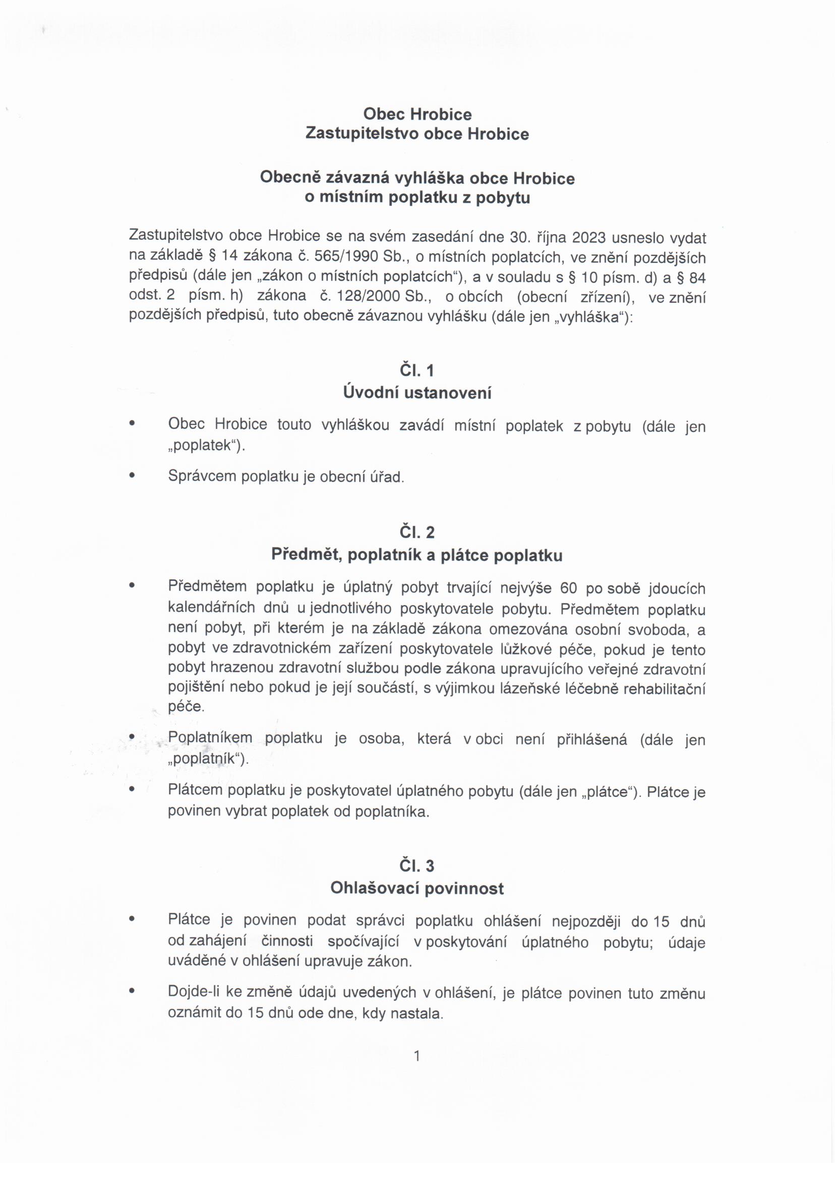 30. 10. 2023 Vyhláška o místním poplatku z pobytu