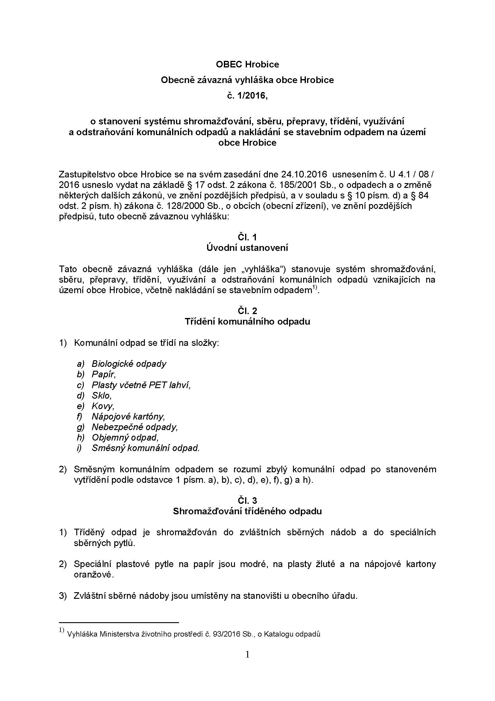 24. 10. 2016 OZV_1/2016 - stanovení systému - odpady