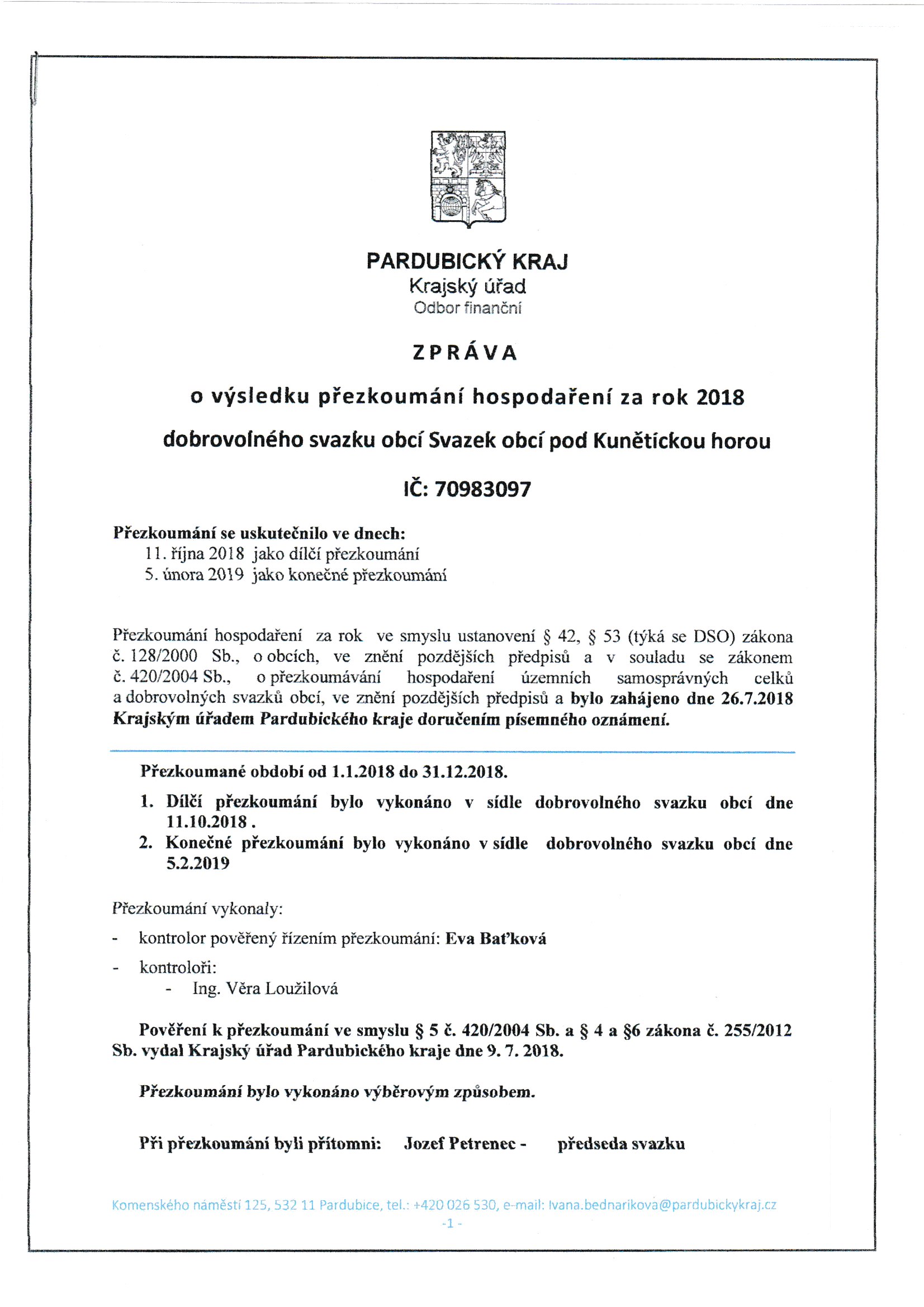 Zpráva o výsledku přezkoumání hospodaření za rok 2018