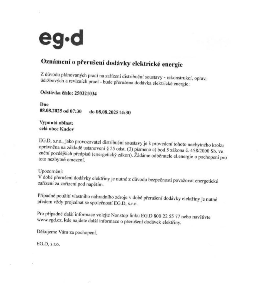Náhledový obrázek článku: Oznámení o přerušení dodávky elektrické energie