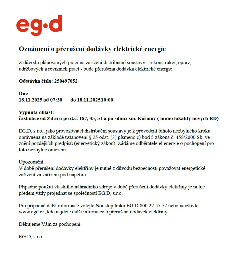 Náhledový obrázek článku: Odstávka elektrické energie 18.11.2025