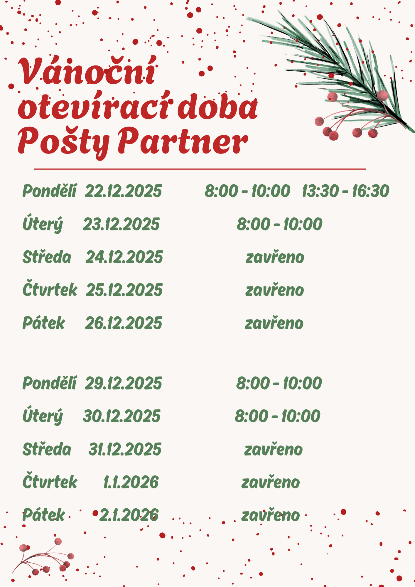 Náhledový obrázek článku: Otevírací doba pošty Vánocích