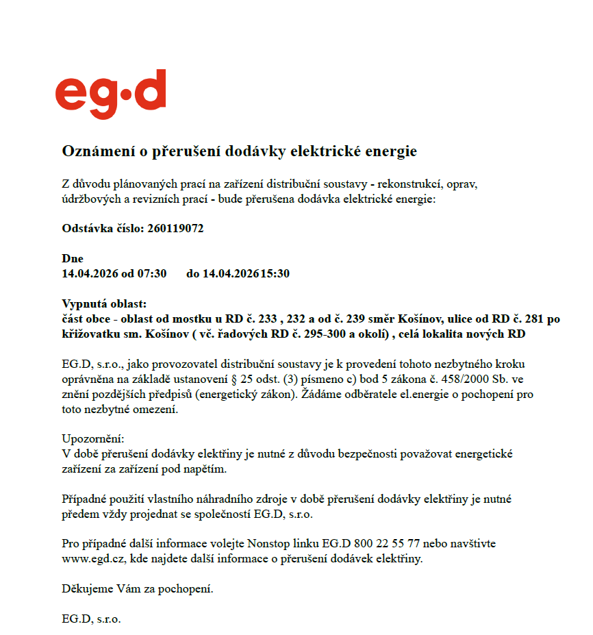 Náhledový obrázek článku: Odstávka elektrické energie