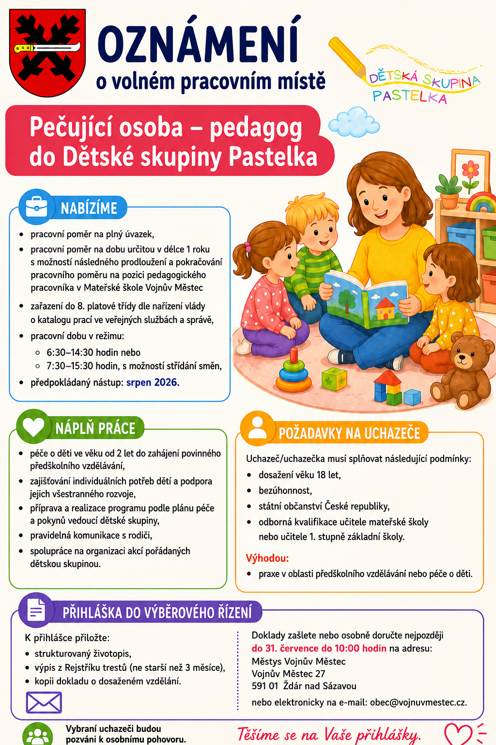 Náhledový obrázek článku: Oznámení o volném pracovním místě - Dětská skupina Pastelka