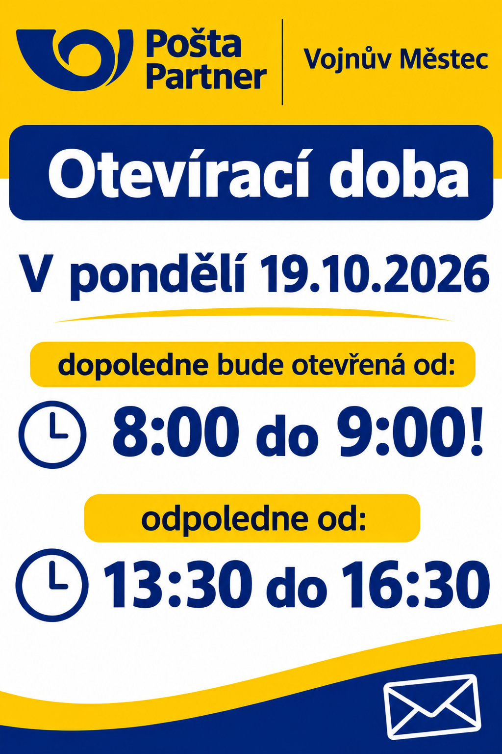 Náhledový obrázek článku: Otevírací doby Pošty Partner v pondělí 19.10.2026