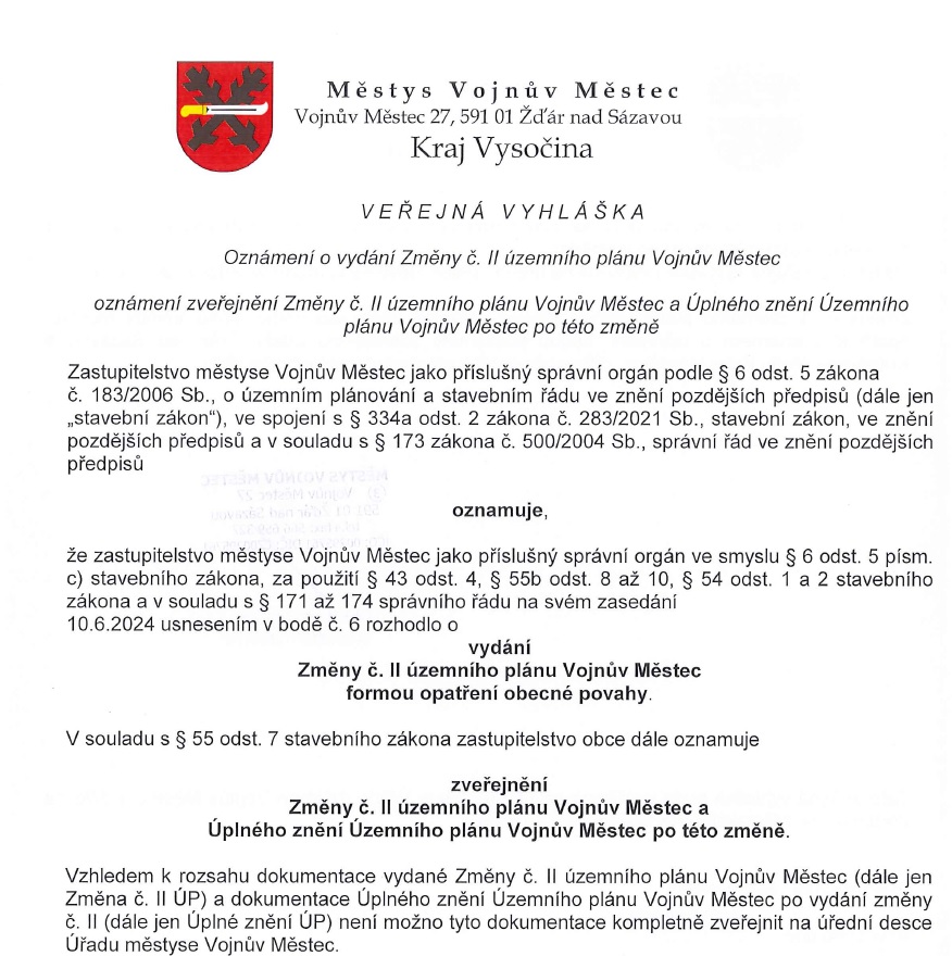 VV - Oznámení o vydání změny č. II územního plánu Vojnův Městec