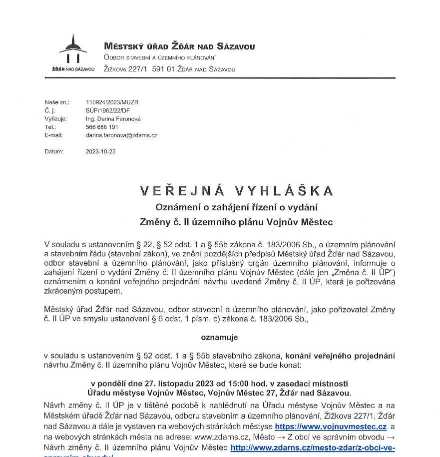 Veřejná vyhláška - Oznámení o zahájení řízení o vydání Změny č. II