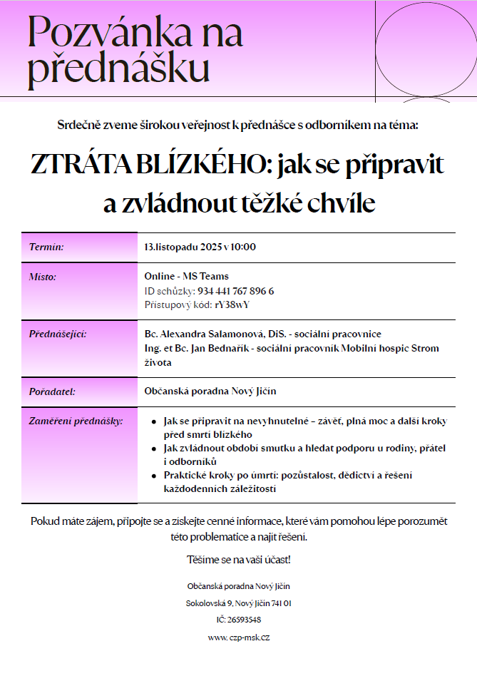 Náhledový obrázek článku: Přednáška Občanské poradny Nový Jičín