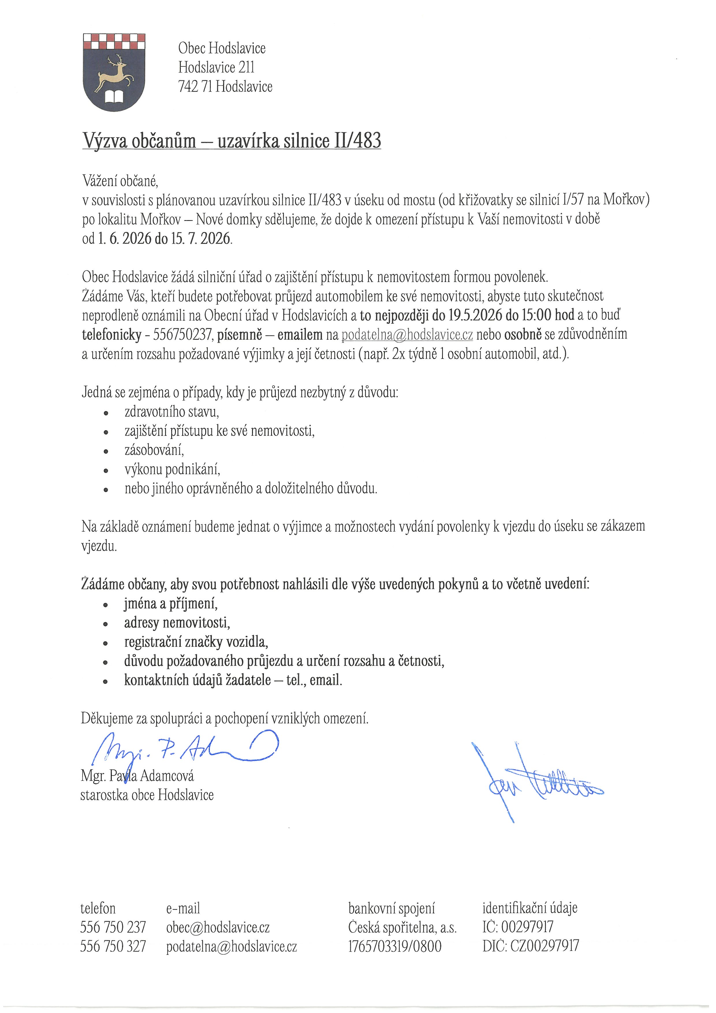 Náhledový obrázek článku: Výzva občanům – uzavírka silnice II/483
