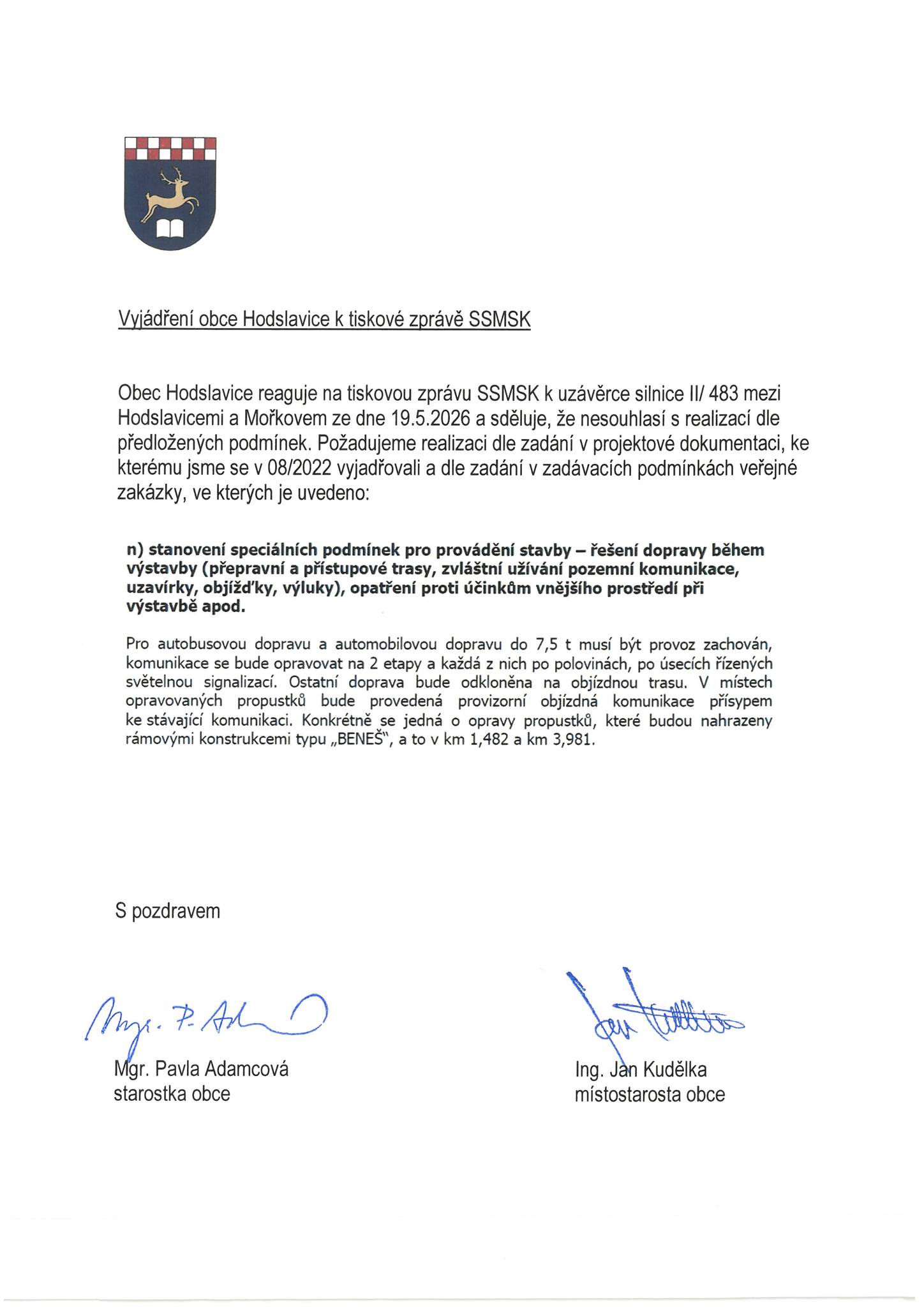 Náhledový obrázek článku: Vyjádření obce Hodslavice k tiskové zprávě SSMSK