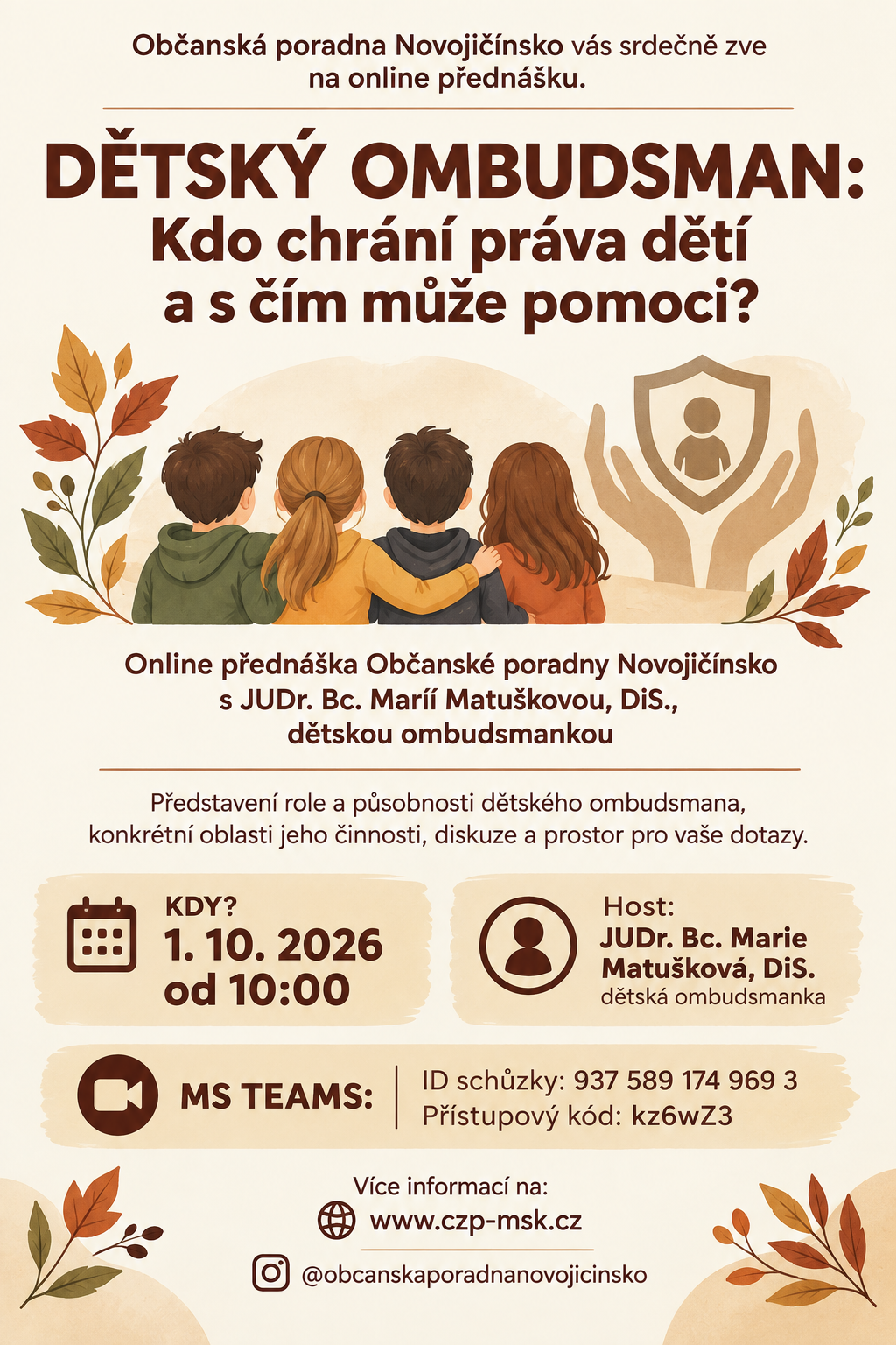 Náhledový obrázek článku: Pozvánka na online přednášku na téma: Dětský ombudsman: Kdo chrání práva dětí a s čím může pomoci?