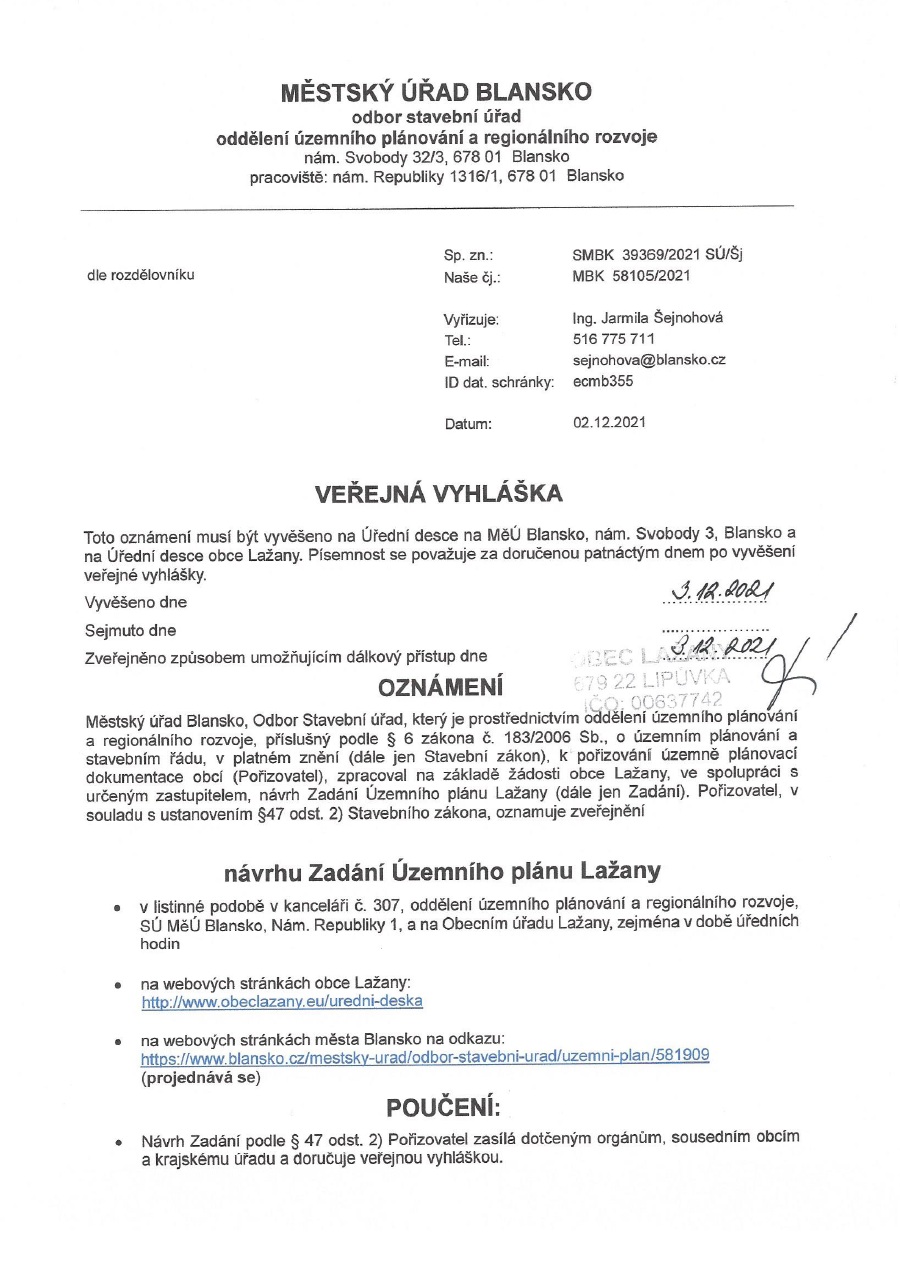 ÚP Lažany projednání Zadání VV a DO
