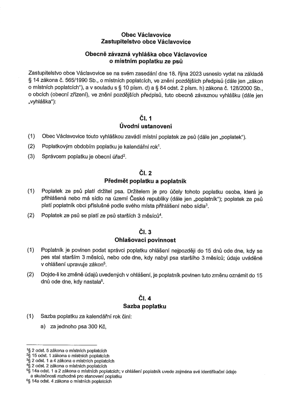 OZV obce Václavovice o místním poplatku ze psů