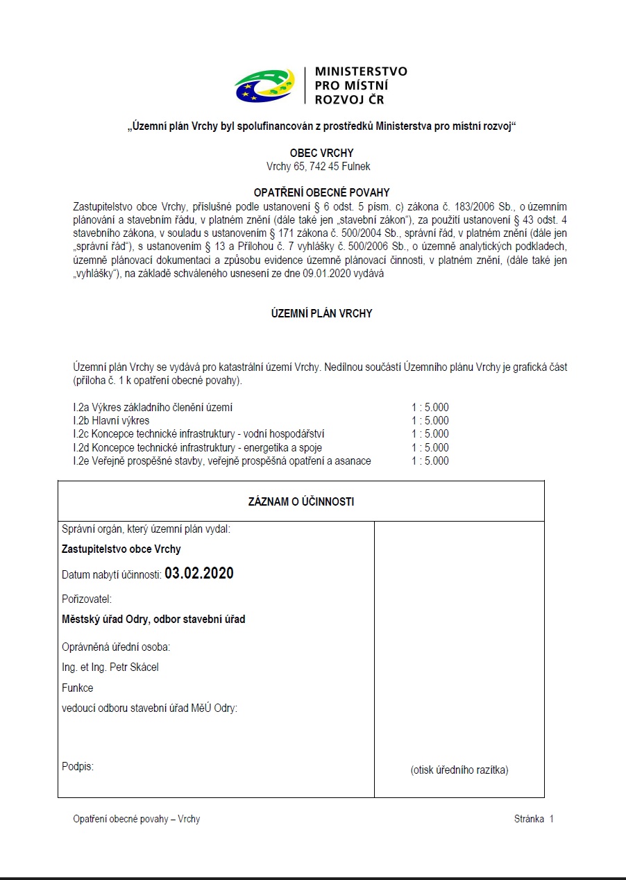Opatření obecné povahy - Územní plán Vrchy