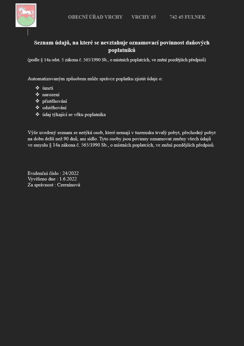 Seznam údajů, na které se nevztahuje oznamovací povinnost daňových poplatníků