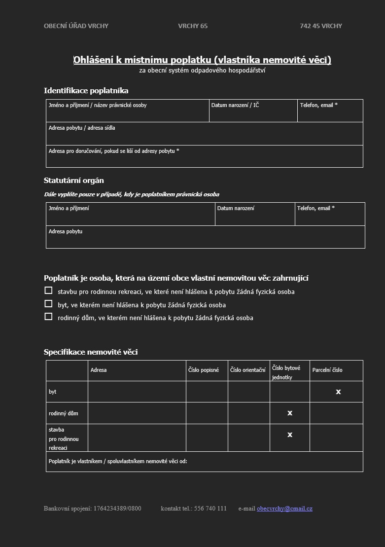 Ohlášení k místnímu poplatku za obecní systém odpadového hospodářství-vlastník nemovitosti