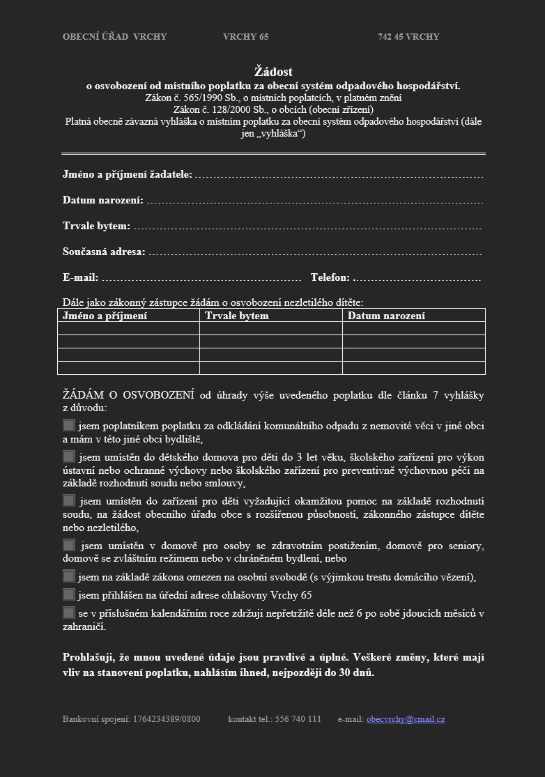 Žádost o vrácení přeplatku místní poplatek odpad