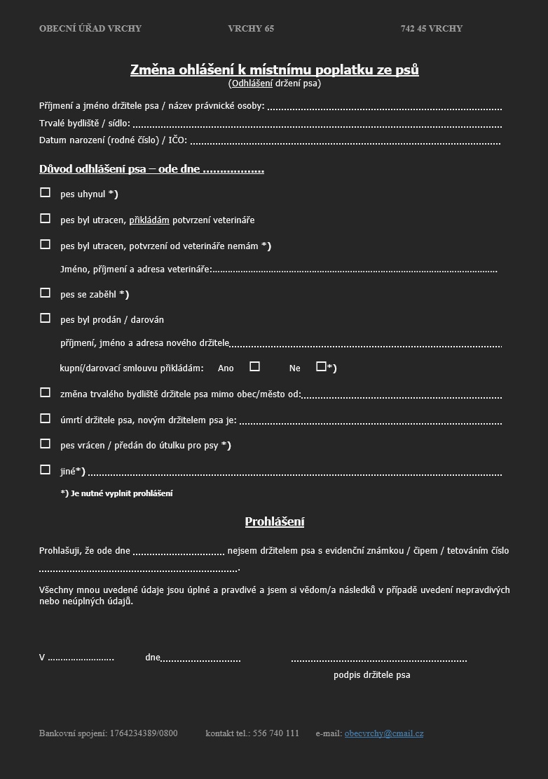 Změna ohlášení k místnímu poplatku ze psů