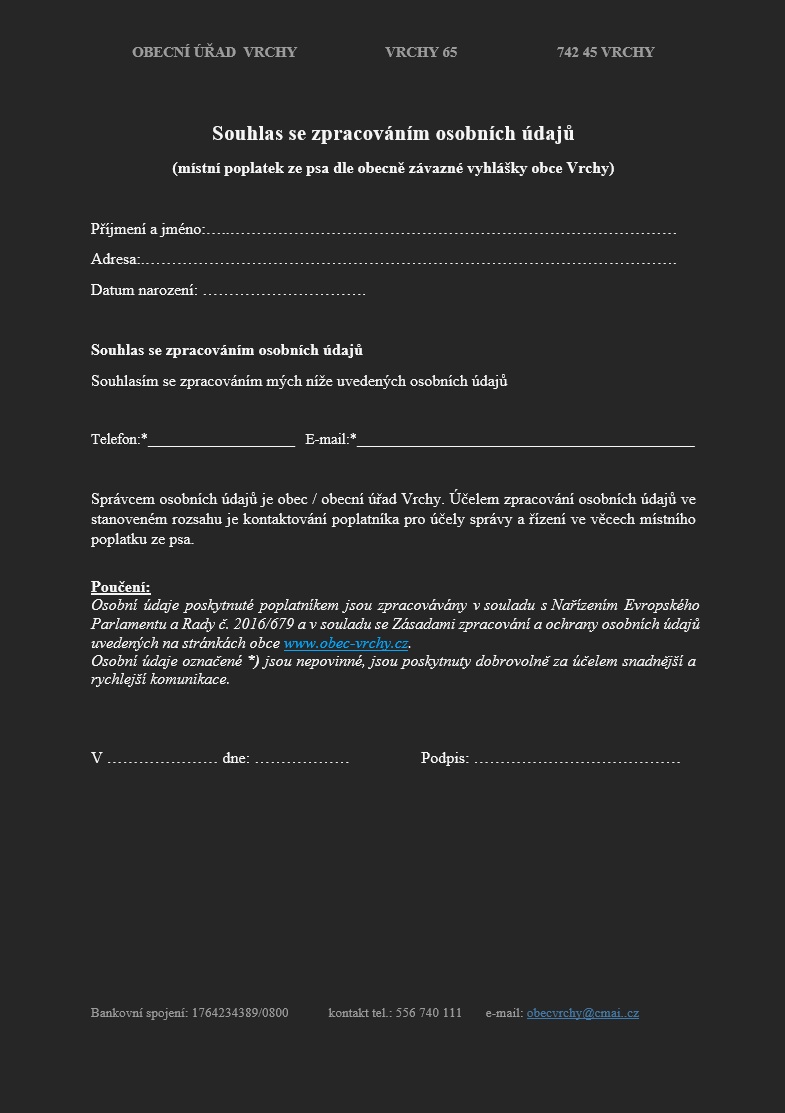 Poplatek pes - Souhlas se zpracováním osobních údajů