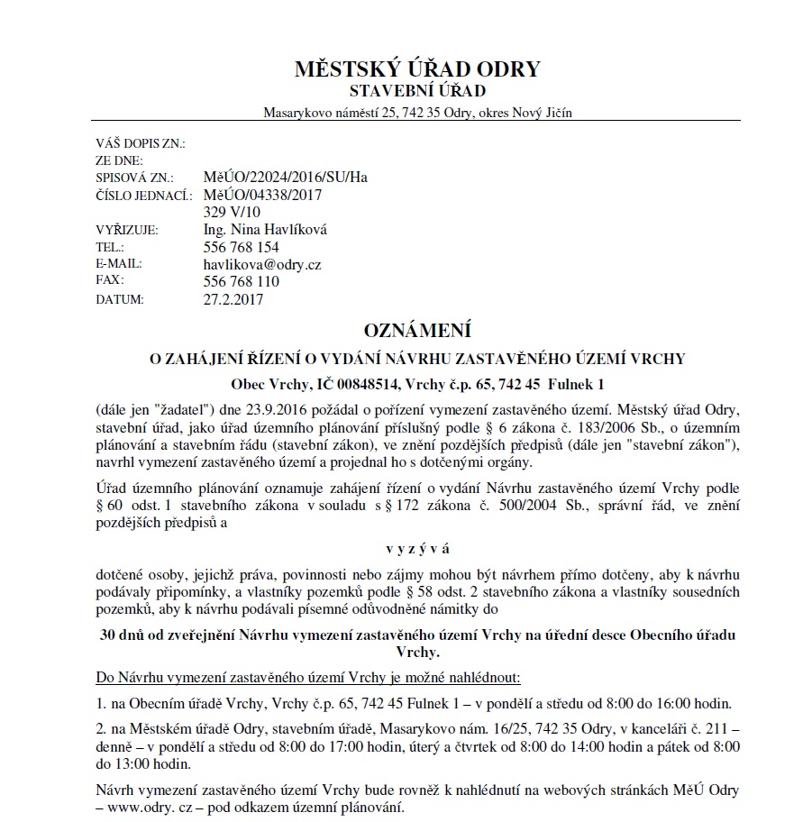 Oznámení o zahájení řízení o vydání návrhu zastavěného území Vrchy