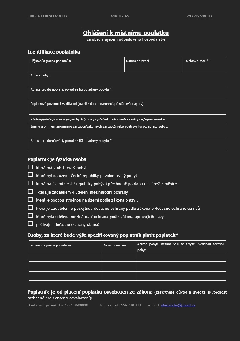 Ohlášení k místnímu poplatku za obecní systém odpadového hospodářství