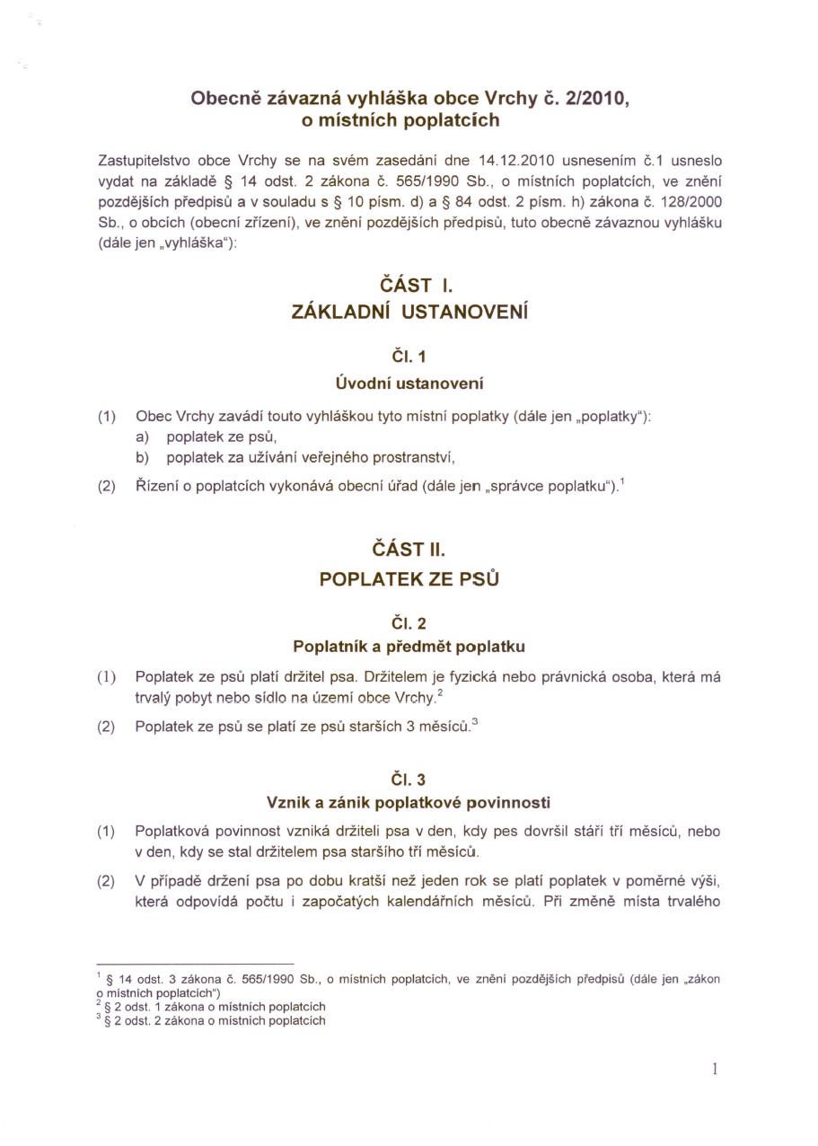 Obecně závazná vyhláška obce Vrchy - o místních poplatcích