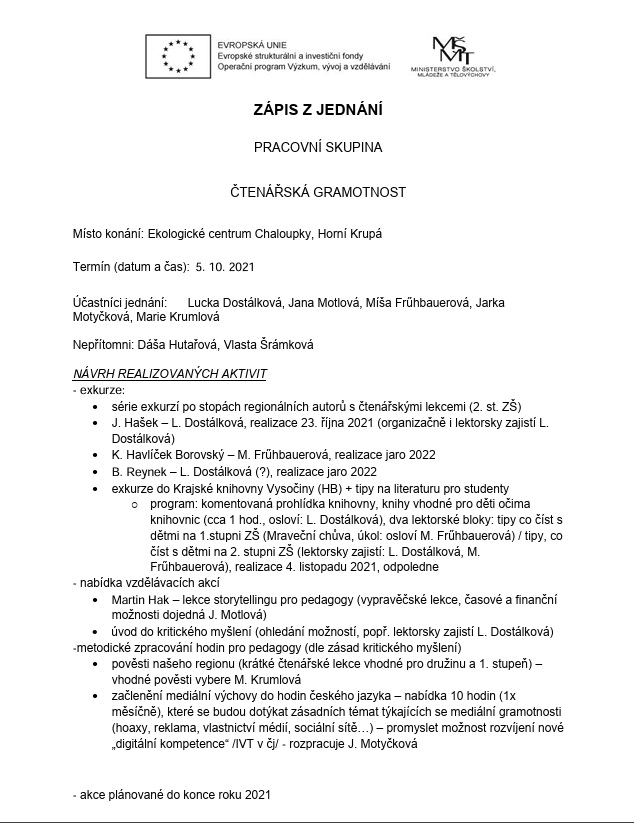 Zápis PS čtenářská gramotnost 5.10. 2021