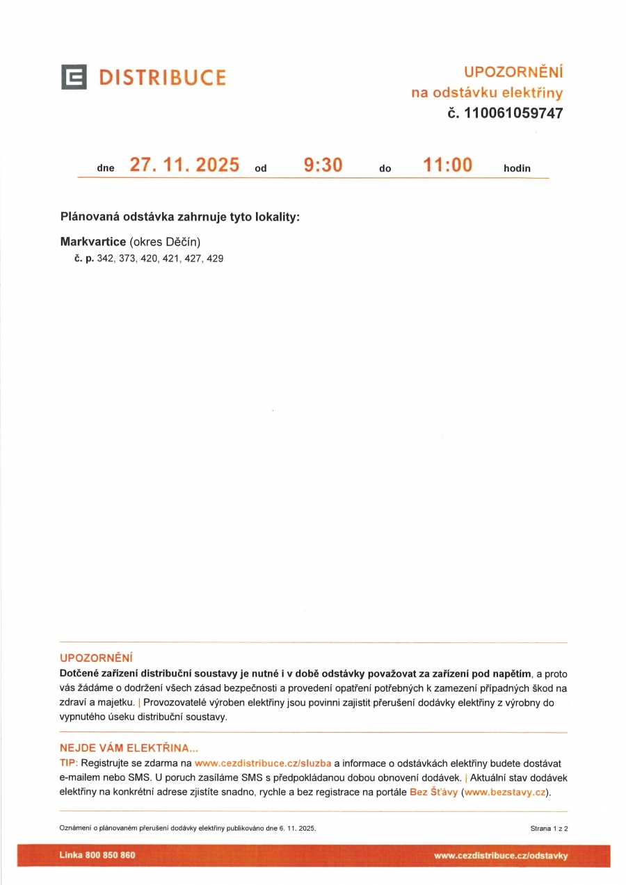 Náhledový obrázek článku: UPOZORNĚNÍ - odstávka elektřiny dne 27.11.2025