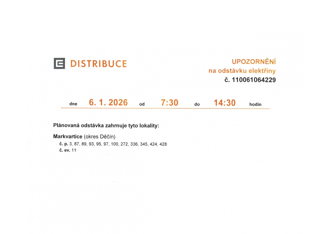 Náhledový obrázek článku: UPOZORNĚNÍ na odstávku elektřiny dne 6.1.2026