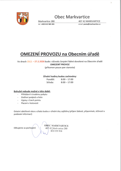 Náhledový obrázek článku: Omezení provozu na Obecním úřadě ve dnech 23.2.-27.2.2026