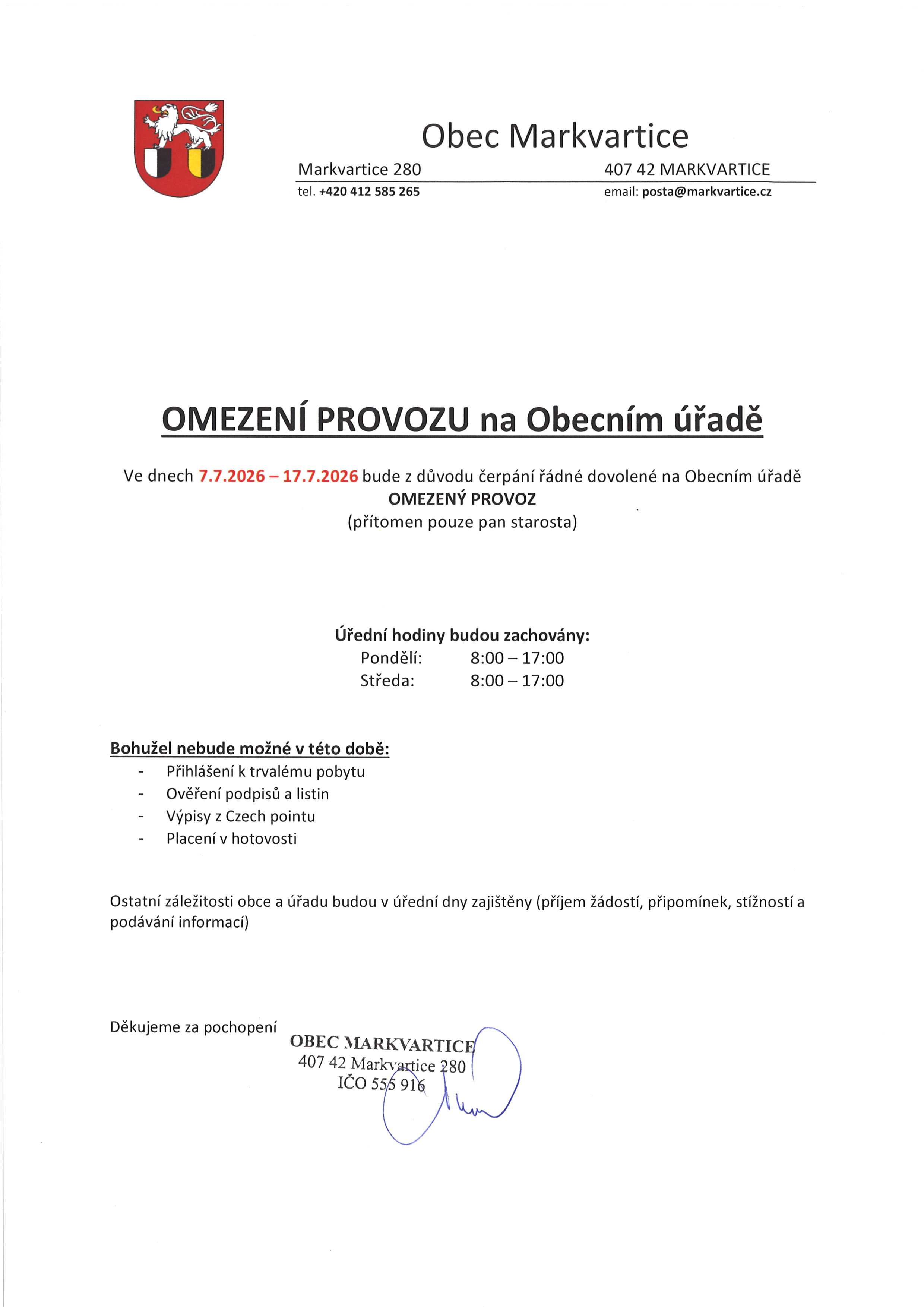 Náhledový obrázek článku: OMEZENÍ PROVOZU na Obecním úřadě