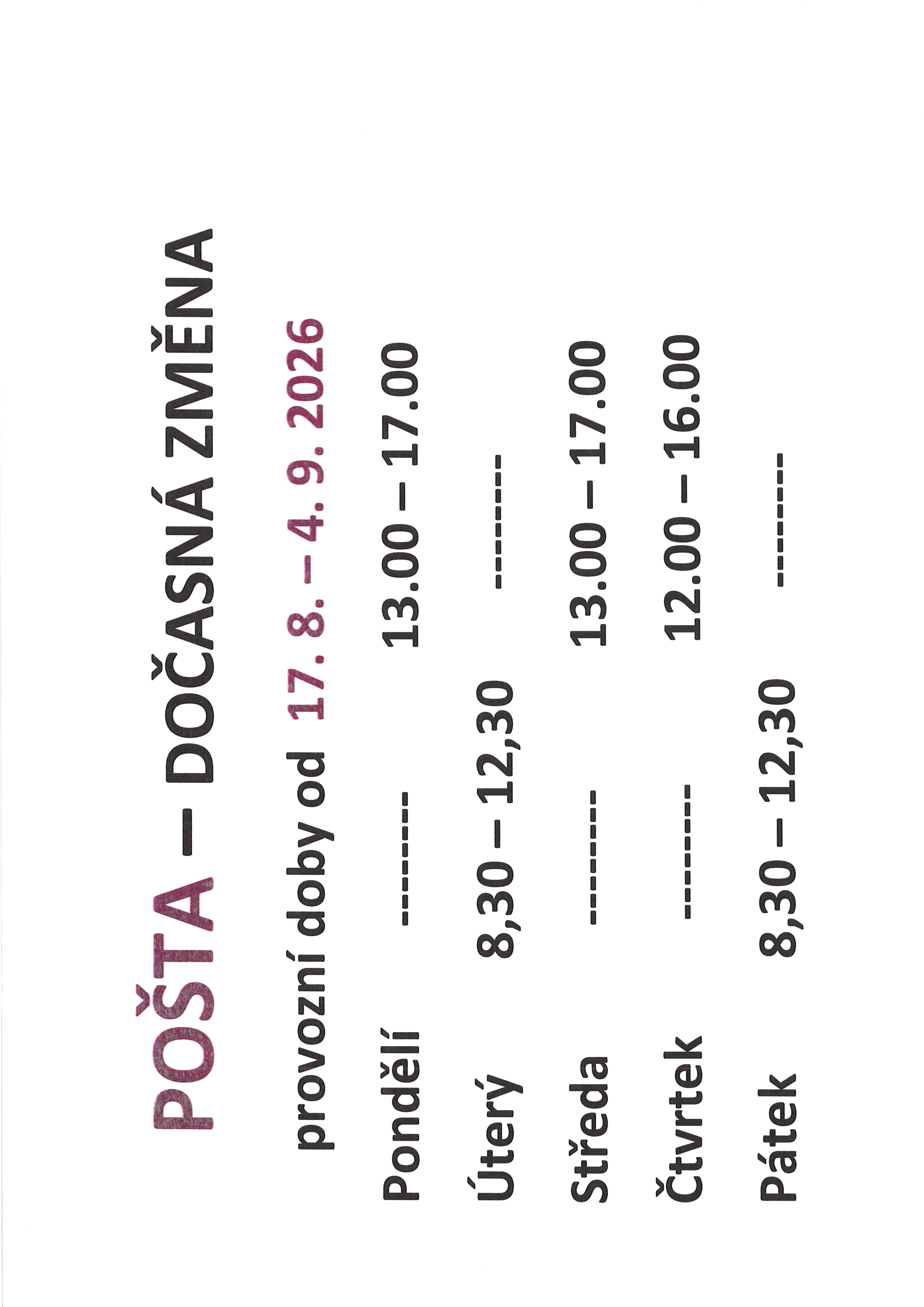 Náhledový obrázek článku: PROSÍM POZOR - DOČASNÁ ZMĚNA POŠTY MARKVARTICE 17.8.-4.9.2026