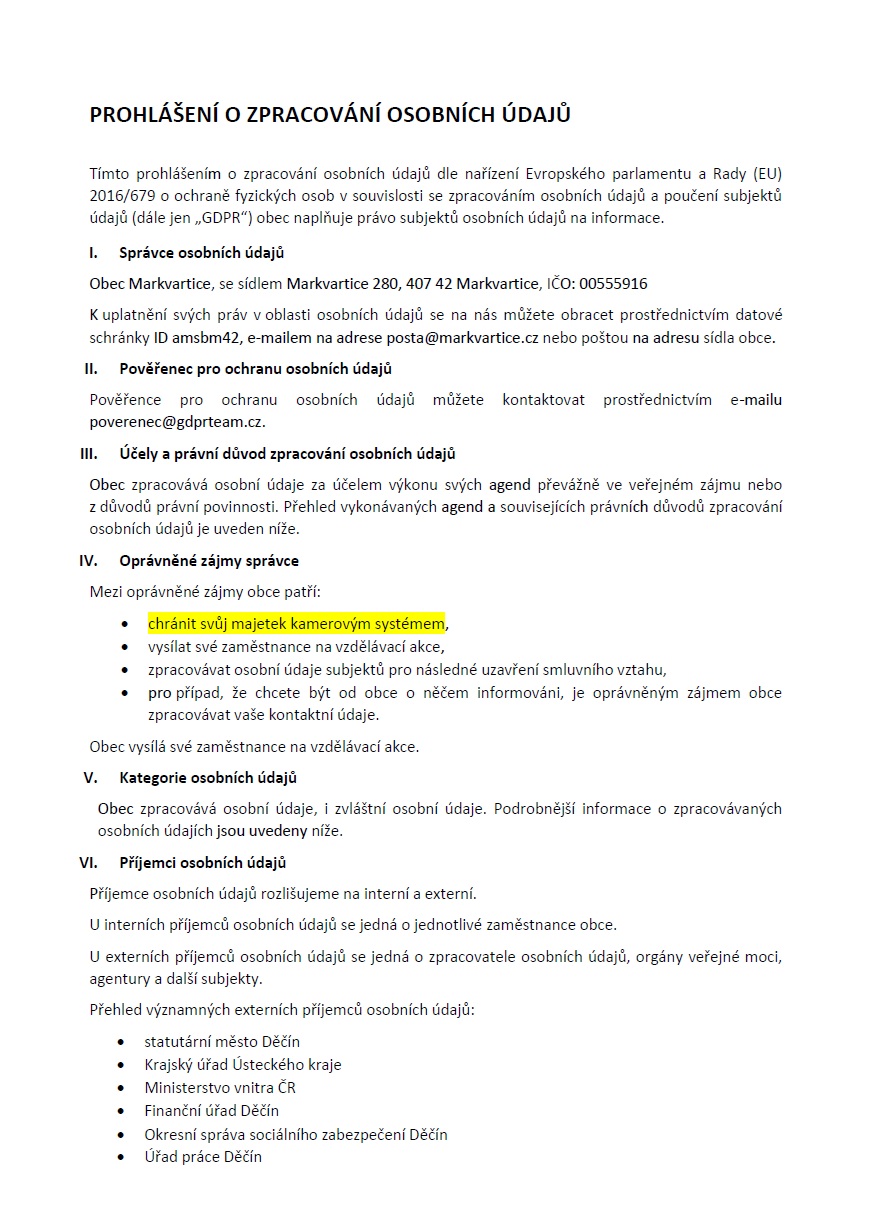 Prohlášeni o zpracování OU Markvartice